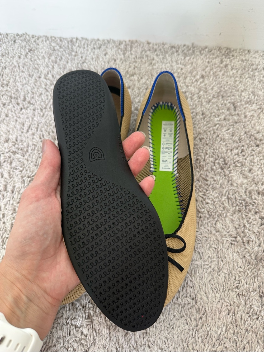 Rothy's Tan Round Toe Ballet Flats with Black Trim and Bow - Picture 7 of 11